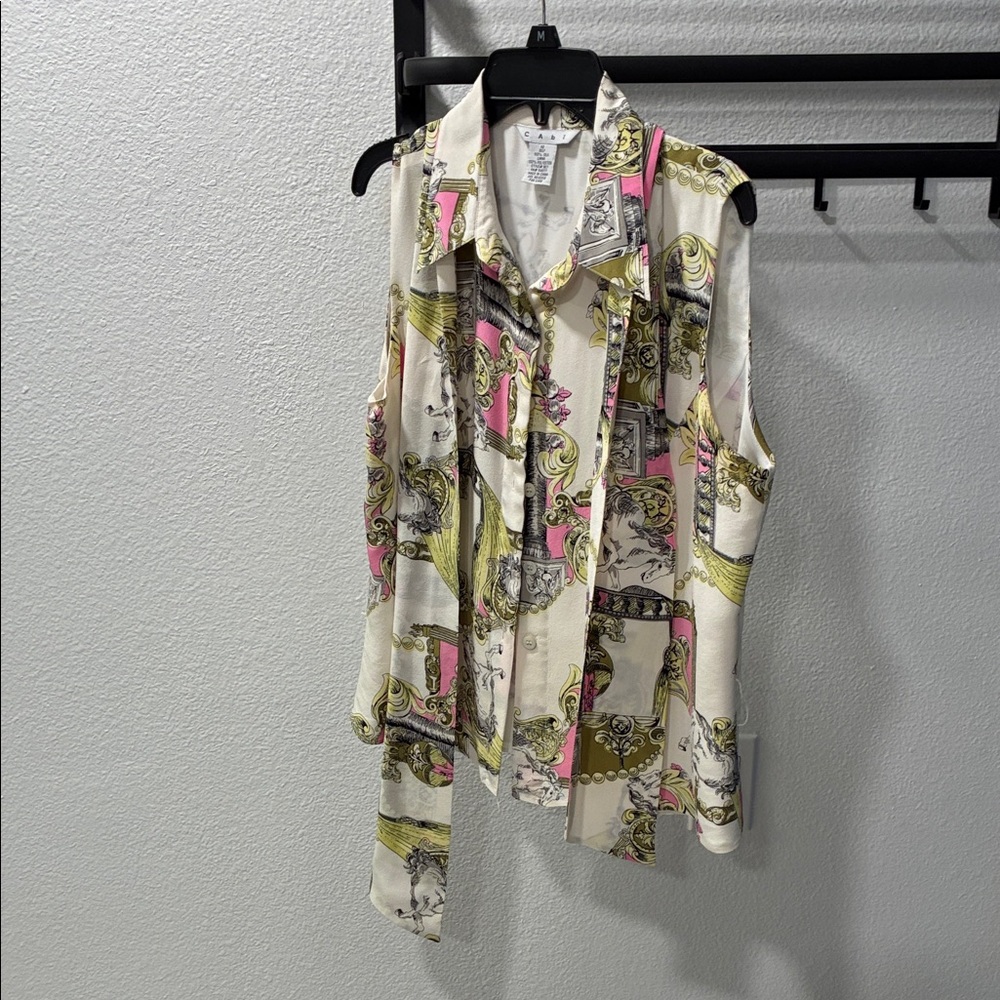 CAbi Sleeveless Tie-Neck Blouse in Cream, Pink & Lime